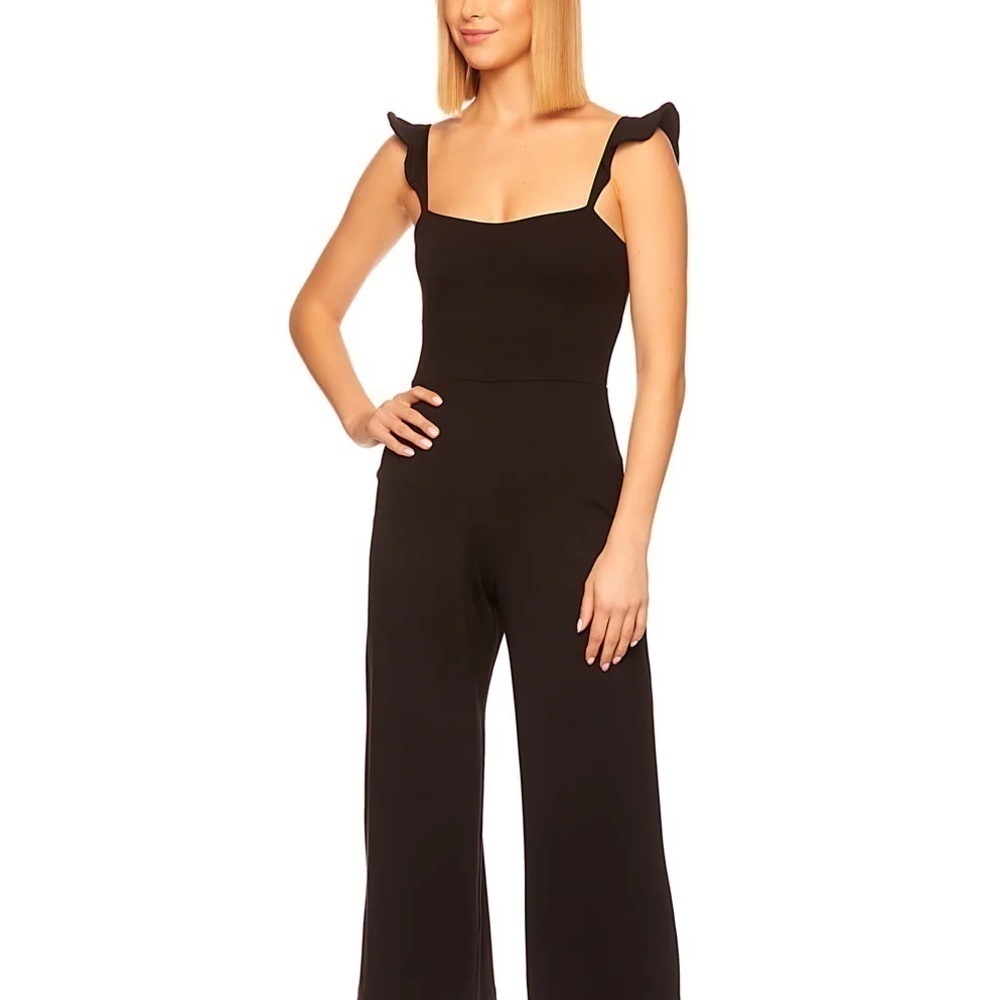 Line and Dot jumpsuit, cropped wide leg, ruffled straps, relaxed fit, black, S